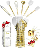 Styled Settings White and Gold Kitchen Utensils Set - 15-Piece BPA free, Non-Scratch, Utensils Set Includes White Silicone Cooking Utensils and Measuring Cups and Spoons by CozyNest Decor
