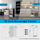 15 Inch Beverage Refrigerator Under Counter - 126 Cans Beverage Fridge with Glass Door for Beer Wine Soda - Built-in or Freestanding Wine Cooler with Safety Lock for Home Kitchen Bar by CozyNest Decor