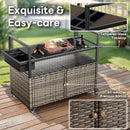 Outdoor Bar Cart with Storage Cabinet, Patio Bar Table with Tempered Glass Tabletop, Outdoor Serving Grill Cart with Rolling Wheels, Rattan Bar Cart for Patio, Backyard, Grey Wicker by CozyNest Decor