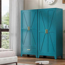 71'' Farmhouse Metal Wardrobe Cabinet with Hanging Rod, 2 Barn Door Wardrobe Closet with Adjustable Shelves,Drawer,for Dining Room,Bedroom,Living Room, Cloak Room,Office (Peacock Blue) by CozyNest Decor