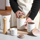 Sweejar Ceramic Canisters Sets for Kitchen Countertop, Relief Food Storage Jar with Bamboo Lid, Stackable Container for Flour, Coffee, Pasta, Cereal, Tea, Sugar, Spices, Pack of 4 (Walnut White) by CozyNest Decor