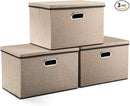 PRANDOM Large Collapsible Storage Bins with Lids [3-Pack] Jute Fabric Foldable Storage Boxes Organizer Containers Baskets Cube with Cover for Home Bedroom Closet Office Nursery (17.7x11.8x11.8) by TinyTreasures Baby Boutique