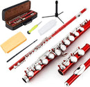 EastRock Closed Hole Flutes C 16 Key for Beginner, Kids, Student -Nickel Flute with Case Stand and Cleaning kit (Red) by TinyTreasures Baby Boutique