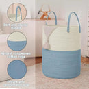 Large Woven Laundry Basket Hamper,60L Cotton Rope Storage Bin for Blankets,Toys and Clothes,Decorative Tall Nursery Hamper for Living Room,Baby Nursery,Bathroom and Bedroom,White and Blue by CozyNest Decor