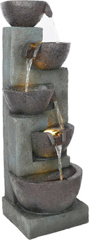 Alpine Corporation TZL390 Elegant Outdoor 5 Tier Bowls Waterfall Fountain with LED Lights for Garden, Patio, Yard, and Outdoor Spaces, Relaxing Cascading Fountain, 39" H, Gray by GreenHaven Gardens