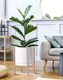 D'vine Dev Ceramic Planter with Natural Stand - 12 Inch Modern Round Flower Pot with Wood Planter Holder, White, 55-B-J-1 by CozyNest Decor