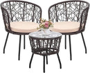 Kromax 3 Piece Bistro Set, Modern Outdoor Wicker Patio Furniture with Tempered Glass Table Top and 2 Chairs, Washable Cushions, Brown Rattan and Begie Cushion by CozyNest Decor