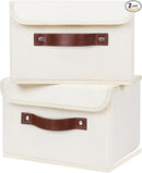 ANMINY 2PCS Storage Bins with Lid PU Leather Handles Storage Boxes PP Plastic Board Decorative Foldable Lidded Cotton Linen Fabric Home Cubes Baskets Closet Organizer Containers - Beige, Small Size by TinyTreasures Baby Boutique