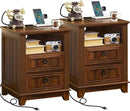 18" Farmhouse Night Stands Set of 2 with Charging Station, 2 Drawers End Table Dresser for Bedroom, Brown Wooden Nightstand, Bed Side Table with Open Shelf, Bedside Cabinet for Living Room by CozyNest Decor