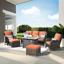 ovios 6 Pieces Patio Furniture Set with 42" Fire Pit Table, Outdoor Wicker Sofa with Ottomans, Comfy Cushions, High Back Couch Conversation Set, Brown Rattan, Orange Red by GreenHaven Gardens