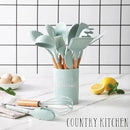 Country Kitchen Non Stick Silicone Utensil Set with Rounded Wood Handles for Cooking and Baking, 14 Piece Set, Mint by CozyNest Decor