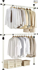 PRINCE HANGER Rack Heavy Duty One Touch System Load 352LBS Clothing Racks for Hanging Clothes Metal Closet Garment Closet system Tension Rod Free Standing Ivory Width Adjustable PHUS-0023 by CozyNest Decor
