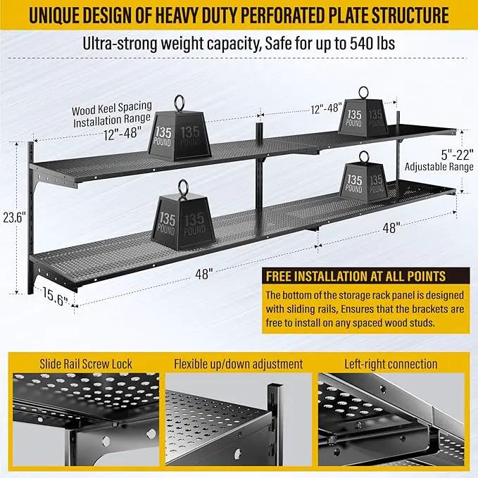 2-Pack 2 Tier 1.3x4ft Garage Shelving Wall Mounted, 800 lbs Load Capacity，15.6x48inch per Shelf Height Cassette Adjustable Floating Shelves(Black), photo 3 of 7