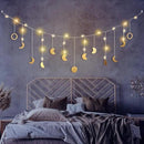 Moon Phase Wall Decor with LED String Light, 13 Gold Wood Boho Wall Hanging Decor Mood Garland 56'' - Celestial Phases Moon Decor in Bohemian Style for Bedroom Home Living Room by CozyNest Decor
