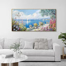 XLSJERST Blue Coastal Wall Art - Ocean Seascape Canvas Yellow Green Flowers Painting Landscape Sailboat Picture Artwork Modern Large Framed for Living Room Bedroom Home Office Decor 20"x40" by CozyNest Decor