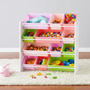 Amazon Basics Kids Toy Storage Organizer With 12 Plastic Bins, White Wood With Pink Bins, 10.9" D x 33.6" W x 31.1" H by CozyNest Decor