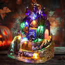 DREAM GARDEN Halloween Village Collection, Lighted Spooky Haunted House with Animated Train and Scary Sound Resin Spooky Town with Skull, Pumpkin, Ghost for Holiday Party Tabletop Decor by CozyNest Decor
