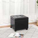 Adeco 17.7" Leather Ottoman with Wheels, Black Square Rolling Ottoman with Storage, Upholstered Button Tufted Vanity Stool with Hinged Lid for Living Room, Bedroom, Dorm by CozyNest Decor