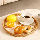 Round Rattan Tray with Mother of Pearl Inlay & Wooden Base - Decorative Wicker Serving Tray for Coffee/Bread/Fruits, Food Storage & Display - Multipurpose Home Decor (L,Island) by CozyNest Decor