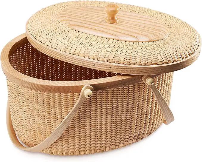 Nantucket style basket Picnic Basket rattan Handmade Products woven Sewing storage basket Two swing handles Tote Bag For Women, photo 5 of 10