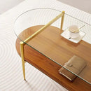 Oval Glass Coffee Table, Mid-Century Modern Design, L41 x W21 x H17 inch, for Living Room, 2-Tier Structure, Clear Glass Top and Walnut Finish Wood Shelf, Conical Legs with Gold Finish Frame by CozyNest Decor