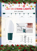 Vintage C9 LED Christmas Lights Outdoor, 50 Feet C9 String Lights with 50 Shatterproof Matte Bulbs, Connectable Waterproof Lights for Holiday Party Roofline Backyard Garden Patio, Pure White by GreenHaven Gardens