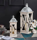 Set of 2 Large Farmhouse Wooden Metal Lanterns, Rustic Decorative Floor Candle Lanterns, Whitewash Distressed Hanging Lanterns for Home Decor (No Glass) by CozyNest Decor