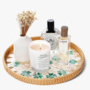 Round Rattan Tray with Mother of Pearl Inlay & Wooden Base - Decorative Wicker Serving Tray for Coffee/Bread/Fruits, Food Storage & Display - Multipurpose Home Decor (M,Four-Leaf Clover) by CozyNest Decor