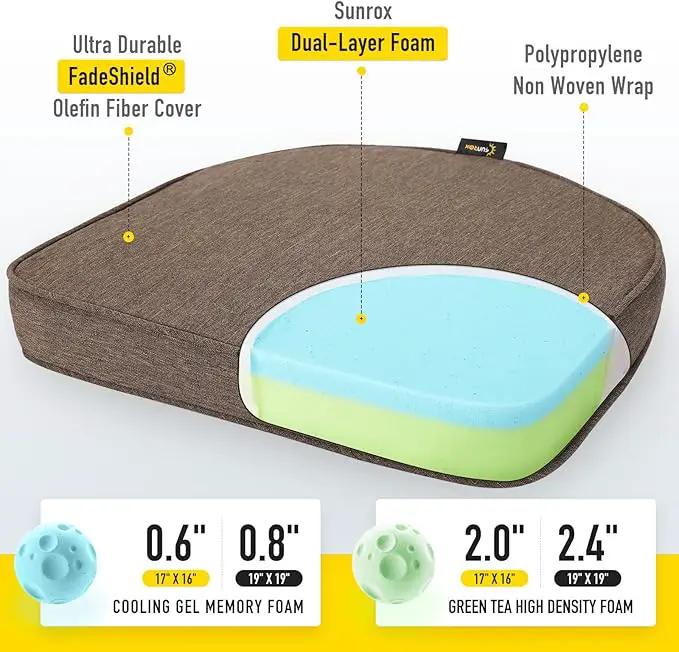 SUNROX Gel Memory Foam Chair Cushions, FadeShield Water-, Stain-Resistant Durable Reversible Seat Cushion Pads with Ties for Indoor/Outdoor Kitchen Dining Office 17"x16" Set of 2, Heather Chestnut, photo 2 of 7