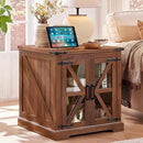 24" End Table Set of 2 with Charging Station, Farmhouse Night Stand with Glass Barn Door, Nightstands with Adjustable Storage Shelf, Large Wood Square Bed Side Table for Living Room,Bedroom by CozyNest Decor