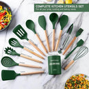 Country Kitchen Non Stick Silicone Utensil Set with Rounded Wood Handles for Cooking and Baking, 14 Piece Set, Green by CozyNest Decor