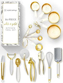 Styled Settings White and Gold Kitchen Utensils Set – 16-Piece Silicone Cooking Utensils with Measuring Cups and Spoons by CozyNest Decor