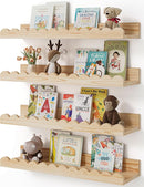 Nursery Book Shelves, 4-Pack Wood Floating Shelves for Wall Kids, Scalloped Shelves, Wall Book Shelves for Bedroom Kids, Toddler Room, Baby Room, Nursery Decor(Wood, 16.5 Inches) by TinyTreasures Baby Boutique
