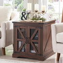 JXQTLINGMU Farmhouse End Table, 24" Large Sofa Side Table with Charging Station, Mesh Barn Door, and Adjustable Storage Shelf, Rustic Wood Square Nightstand for Living Room, Bedroom, Office, Brown by CozyNest Decor