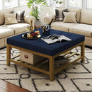 Large Square Ottoman Coffee Table, Linen Solid Upholstered Footrest Ottoman with Solid Wood Shelf Storage Tufted Coffee Table for Bedroom Living Room, Navy Blue by CozyNest Decor