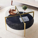 Round Coffee Table for Living Room, Mid-Century Modern Design, D30 x H17, 2-Tier Structure, Grey Glass Top and Black Marble Finish Wood Shelf, Sleek Conical Metal Legs with Gold Finish Frame by CozyNest Decor