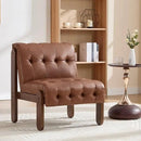 Modern Armless Accent Chair for Living Room, Brown PU Leather Button Tufted Upholstered Lounge Reading Chair with Walnut Wood Frame by CozyNest Decor
