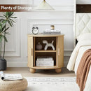 Farmhouse Round End Table with Charging Station, 24" Large Fluted Sofa Side Table with Sliding Tambour Door & Storage, Mid-Century Wood Nightstand for Living Room, Bedroom (Natural) by CozyNest Decor