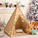 Teepee Tent for Kids with Mat, Cotton Canvas Kids Teepee with Pompom for Toddlers Indoor Play Tent for Girls Boys with Stars Lights, Carry Bag, Banner Flag (Khaki) by TinyTreasures Baby Boutique