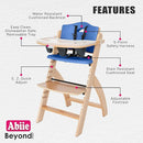 Abiie Beyond Junior Wooden High Chair with Tray - Adjustable and Convertible High Chair for Babies and Toddlers - 6 Months to 250 Lb - Water Resistant - Natural Wood/Blueberry Cushion by TinyTreasures Baby Boutique