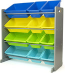 Humble Crew Kids Toy Storage Organizer with 12 Plastic Bins, Grey/Blue/Green/Yellow – Removable Bins for Playroom, Bedroom, Toddler Furniture for Boys and Girls Ages by TinyTreasures Baby Boutique