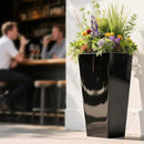 Worth Garden 28" H. Large Metal Glazed Planter Set of 2, Modern Glossy Finish Black Tall Square Tapered Steel Flower Plant Pots for Indoor & Outdoor Use - Insert Plate with Drain Holes, Air Vents by CozyNest Decor