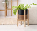 D'vine Dev Ceramic Planter with Natural Stand - 8 Inch Modern Round Flower Pot with Wood Planter Holder, Black/Speckled Tan, 55-B-N-7 by CozyNest Decor