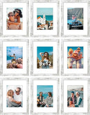 Vittanly 9x12 Picture Frames Set of 9, Shatter Resistant Plexiglass, Display 6x8 Pictures with Mat or 9x12 without Mat, Photo Frames for Wall or Tabletop, Engineered Wood, Distressed White by CozyNest Decor