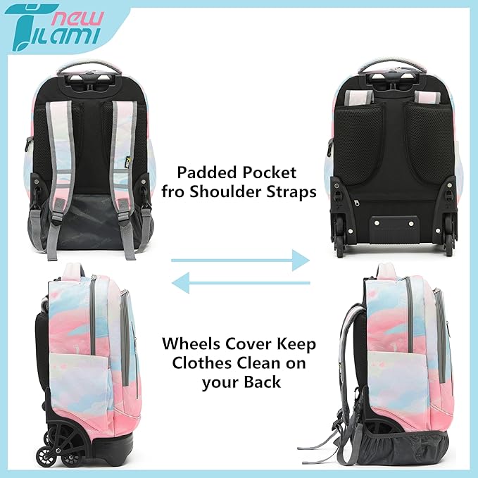 NEW TILAMI 18 inch Rolling Backpack for Girls – Waterproof, Large Capacity, Stair-Climbing Design, Adjustable Handle, Great for School, Pink Sunset by TinyTreasures Baby Boutique