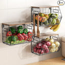 Delamu 3 Pack Stackable Metal Fruit Basket with Wood Lid-Wall Mounted&Countertop Organizer for Kitchen,Pantry- Ventilated Storage for Onions,Potatoes,Fruits,Spices,Black by CozyNest Decor