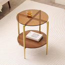 Round Glass End Table, Mid-Century Modern Design Sofa Table for Living Room, D18 x H23, 2-Tier Structure, Amber Glass Top and Walnut Shelf, Sleek Conical Legs with Gold Finish Frame by CozyNest Decor