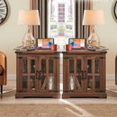 Farmhouse End Table with Charging Station,24" Large Side Table with Glass Barn Door, Rustic Wood Nightstand Bedside Table with Adjustable Storage Shelf for Living Room, Bedroom,Walnut,2 pack by CozyNest Decor