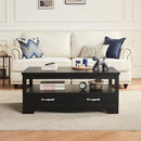 LINSY HOME Farmhouse Coffee Table with Storage, Wood Coffee Table for Living Room, Open Display Area and Storage Drawers with Metal Handles, Chic Style with Curved Base, Black by CozyNest Decor