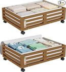 Bamboo Under Bed Storage Containers- Underbed Organizer with Wheels with Large Dust Bag,Sturdy Wood Rolling Under the Bed Shoe Storage Organizer Drawer 2 Packs (Walnut, Small) by CozyNest Decor